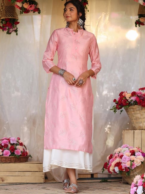 SCAKHI Pink Embroidered Straight Kurta Price in India