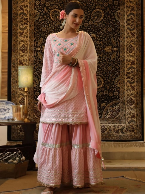 SCAKHI Pink Cotton Embroidered Kurta Palazzo Set with Dupatta Price in India