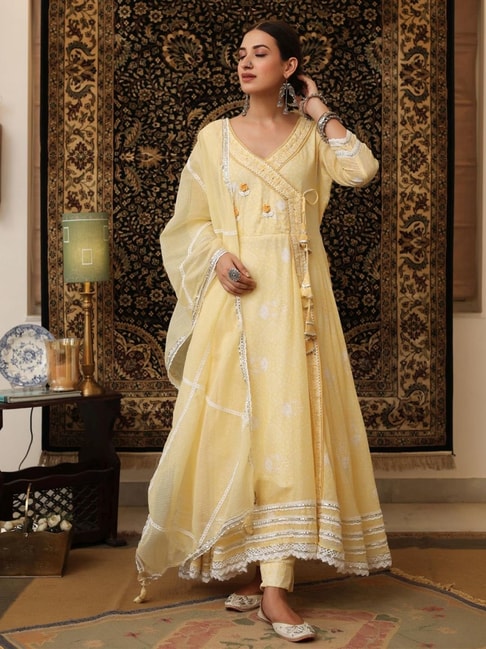 SCAKHI Lime Yellow Cotton Embroidered Kurta Pant Set with Dupatta Price in India