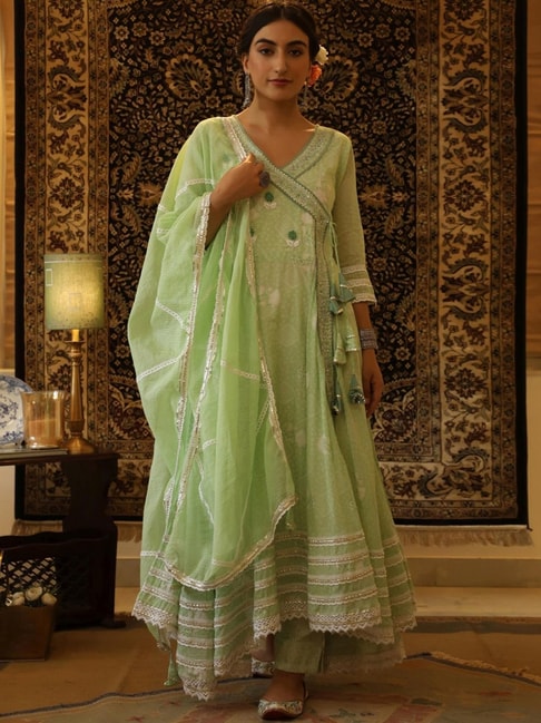 SCAKHI Mint Green Cotton Embroidered Kurta Pant Set with Dupatta Price in India