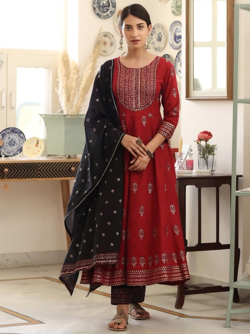 SCAKHI Red Embroidered Kurta Pant Set with Dupatta Price in India
