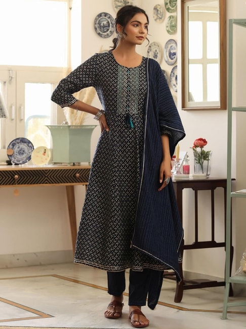SCAKHI Blue Embroidered Kurta Pant Set with Dupatta Price in India