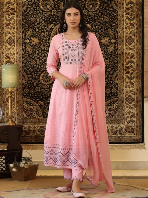 SCAKHI Pink Cotton Embroidered Kurta Pant Set with Dupatta Price in India