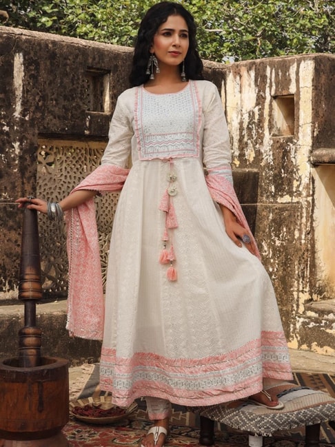 SCAKHI White Cotton Embroidered Kurta Pant Set with Dupatta Price in India
