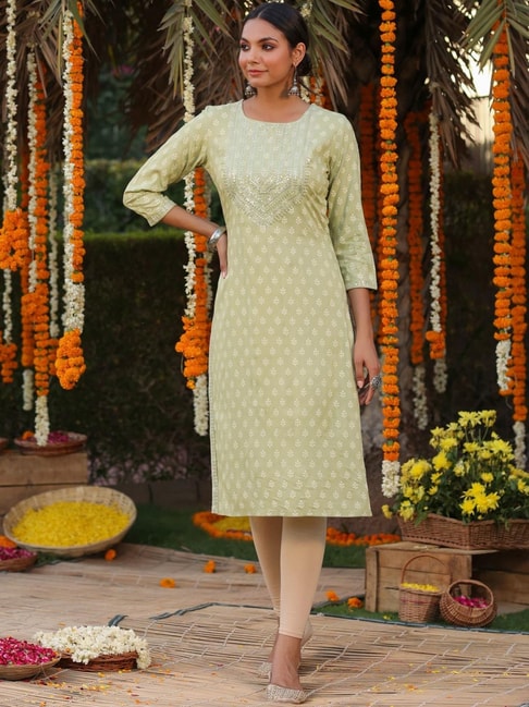 Rohit Bal Pista Green Cotton Blend Anarkali Kurta Suit Set