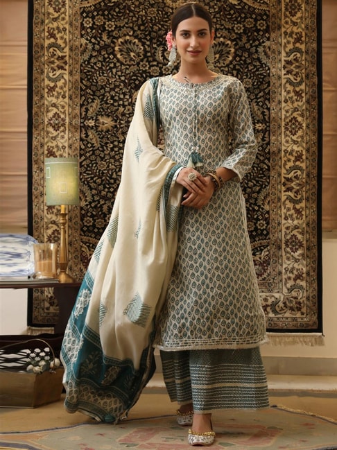 SCAKHI Beige & Green Printed Kurta Pant Set with Dupatta Price in India