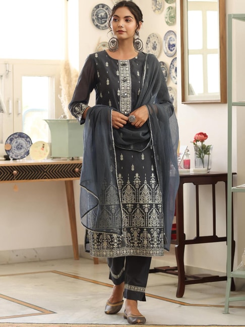SCAKHI Grey Printed Kurta Pant Set with Dupatta Price in India