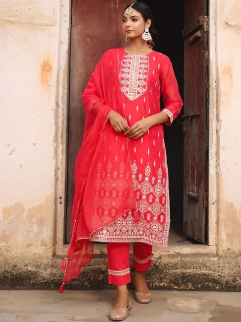 SCAKHI Red Printed Kurta Pant Set with Dupatta Price in India