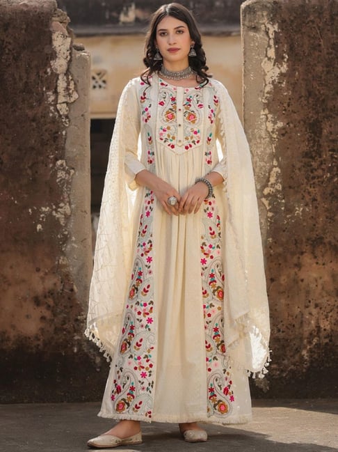 SCAKHI Off-White Cotton Embroidered Anarkali Kurta Price in India