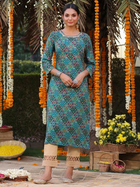 SCAKHI Teal Green Printed Straight Kurta Price in India