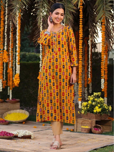 SCAKHI Mustard Printed Straight Kurta Price in India