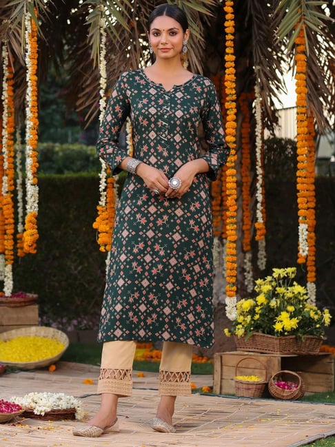 SCAKHI Jade Green Printed Straight Kurta Price in India