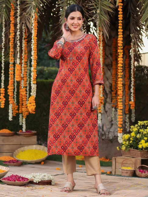 SCAKHI Orange Printed Straight Kurta Price in India