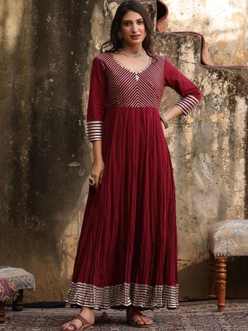 SCAKHI Maroon Cotton Zari Work Anarkali Kurta Price in India