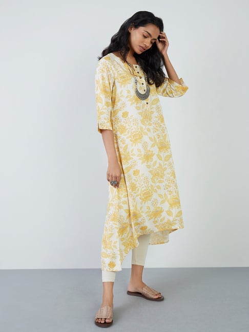 Utsa by Westside Yellow Floral-Printed High-Low Kurta Price in India