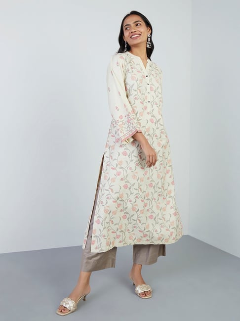 Zuba by Westside Light Beige Floral-Printed A-Line Kurta Price in India