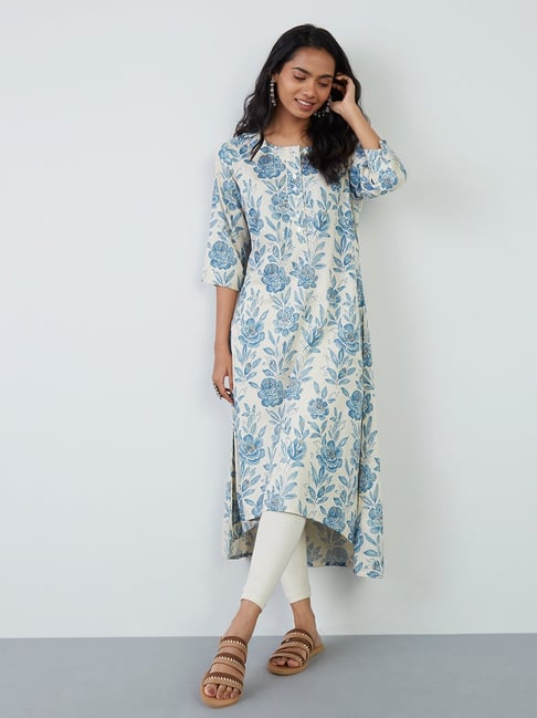 Utsa by Westside Blue Floral-Printed High-Low Kurta Price in India