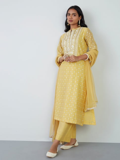 Vark by Westside Yellow A-Line Kurta, Palazzo, Dupatta Set Price in India