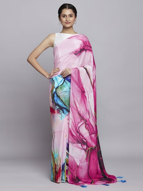 Navyasa by liva Pink Printed Saree With Unstitched Blouse Price in India