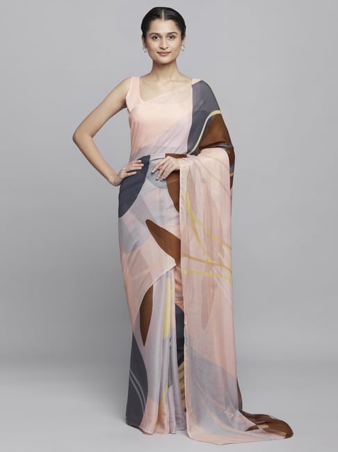 Navyasa by liva Peach & Brown Printed Saree With Unstitched Blouse Price in India