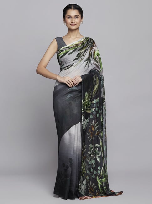 Navyasa by liva Grey & Green Printed Saree With Unstitched Blouse Price in India