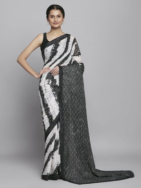 Navyasa by liva White & Grey Printed Saree With Unstitched Blouse Price in India