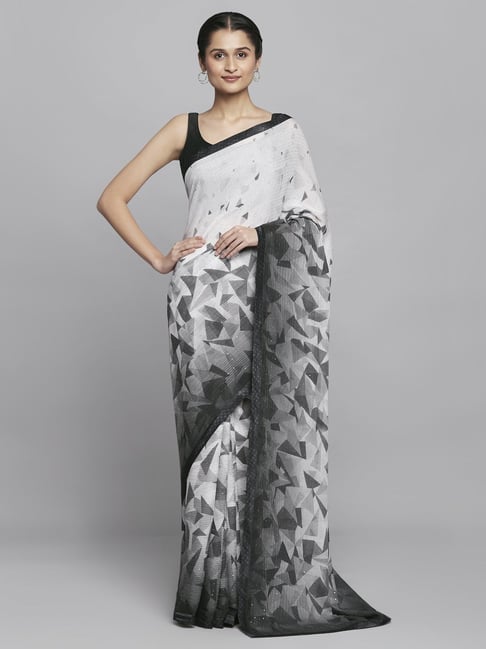 Navyasa by liva Grey & White Printed Saree With Unstitched Blouse Price in India