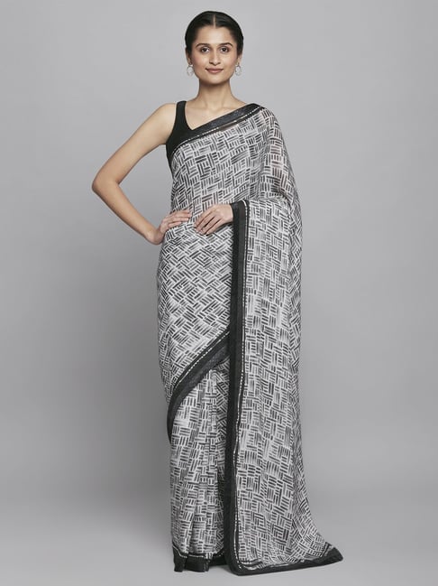 Navyasa by liva Black & White Printed Saree With Unstitched Blouse Price in India