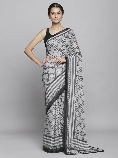 Navyasa by liva Grey & White Printed Saree With Unstitched Blouse Price in India