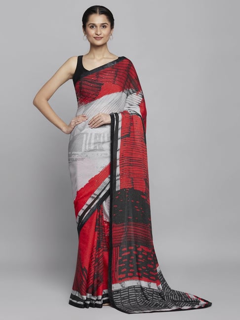 Navyasa by liva Red & Grey Printed Saree With Unstitched Blouse Price in India