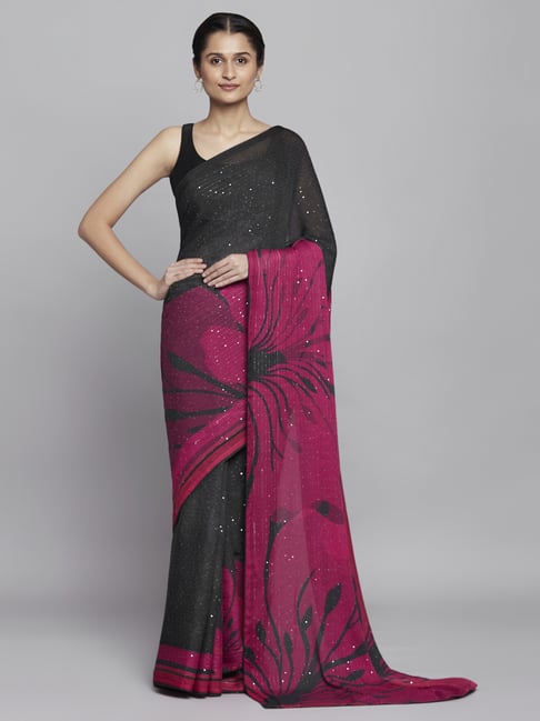 Navyasa by liva Black & Pink Printed Saree With Unstitched Blouse Price in India