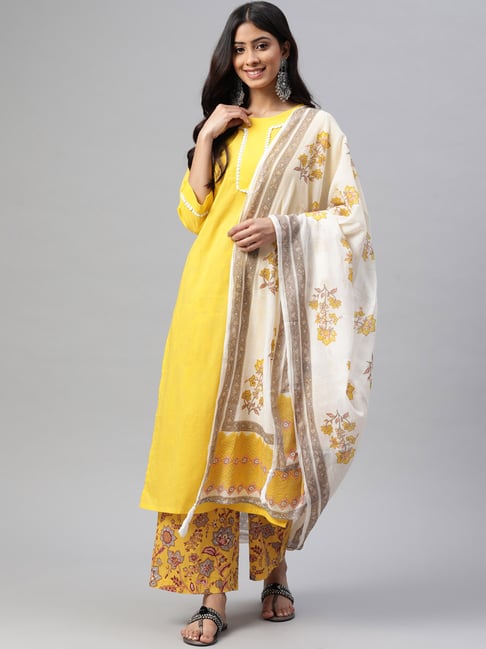 Yuris Yellow Cotton Embroidered Kurta Palazzo Set With Dupatta Price in India