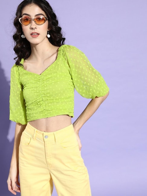 Melon by PlusS Lime Green Self Design Crop Top Price in India