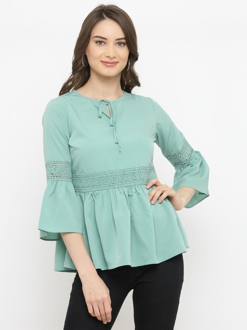 Melon by PlusS Sea Green Lace Peplum Top Price in India
