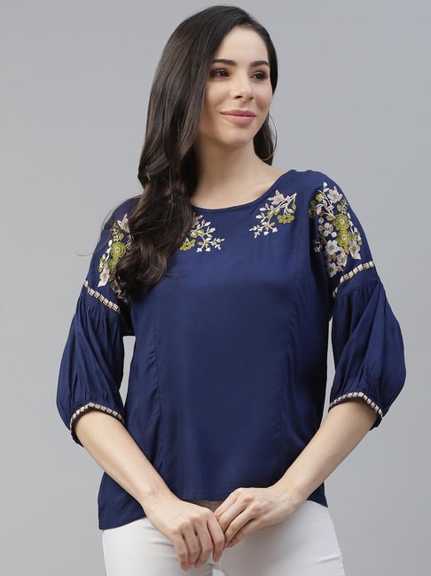 Melon by PlusS Navy Embroidered Top Price in India