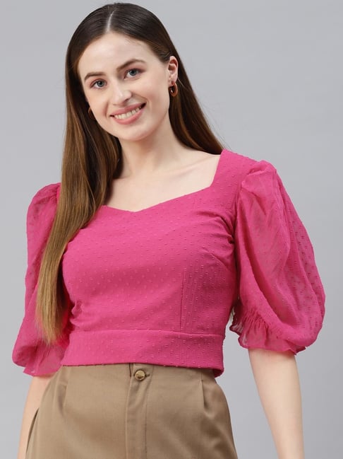 Melon by PlusS Pink Self Design Crop Top