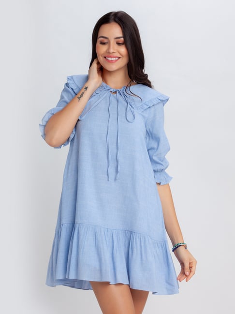 Zink London Blue Round Neck A Line Dress Price in India