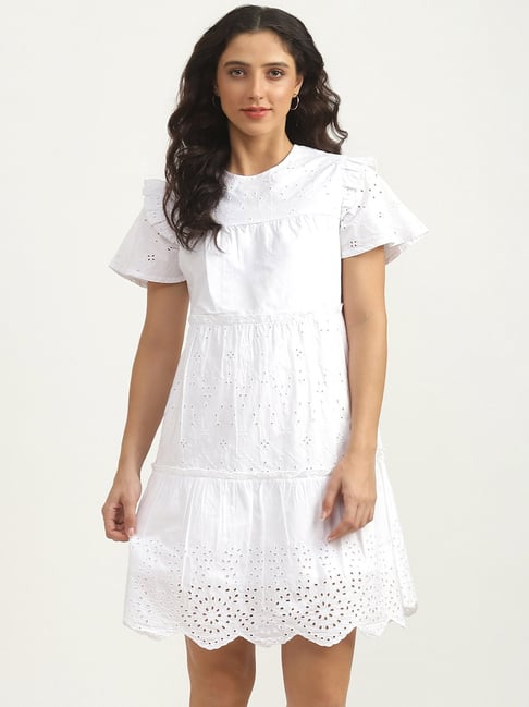United Colors of Benetton White Embroidered A Line Dress Price in India