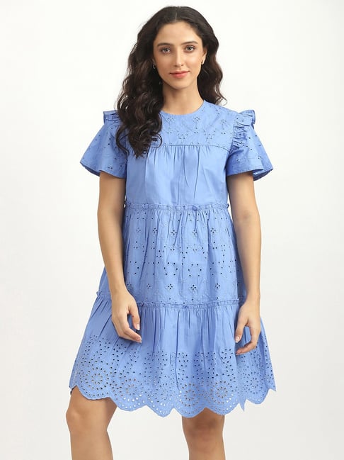 United Colors of Benetton Blue Embroidered A Line Dress Price in India
