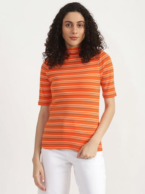 United Colors of Benetton Orange Striped A-Line Top Price in India