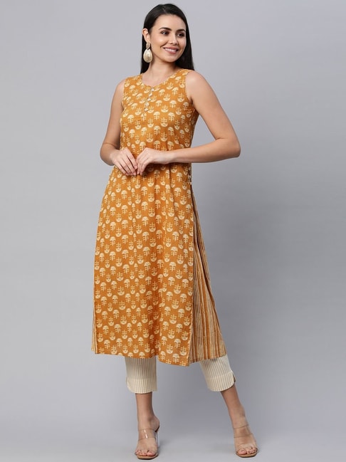 Best quality light yellow cotton printed kurta with pants  Set of 2