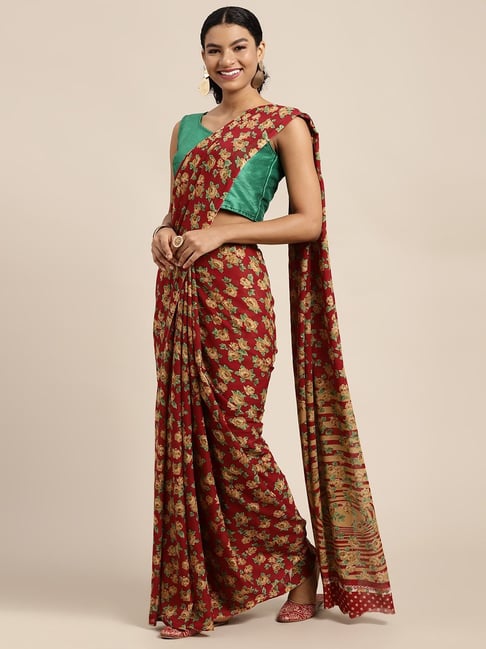 Pavecha's Maroon Floral Print Saree With Unstitched Blouse Price in India