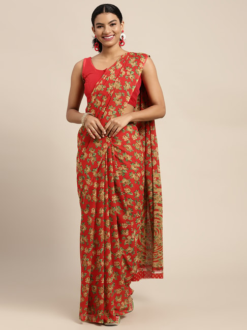 Pavecha's Red Floral Print Saree With Unstitched Blouse Price in India