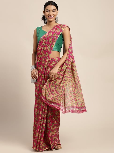 Pavecha's Pink Floral Print Saree With Unstitched Blouse Price in India