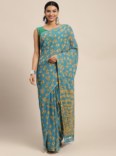 Pavecha's Blue Floral Print Saree With Unstitched Blouse Price in India