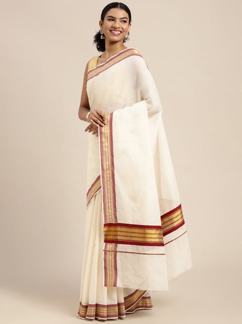 Pavecha's White Cotton Saree With Unstitched Blouse Price in India