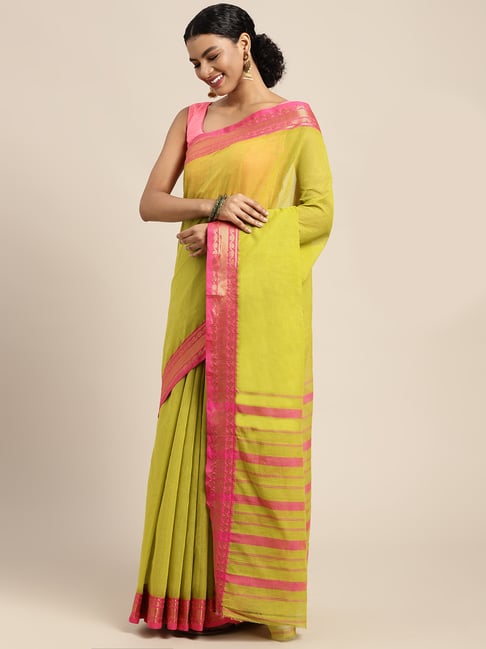 Pavecha's Green Cotton Saree With Unstitched Blouse Price in India