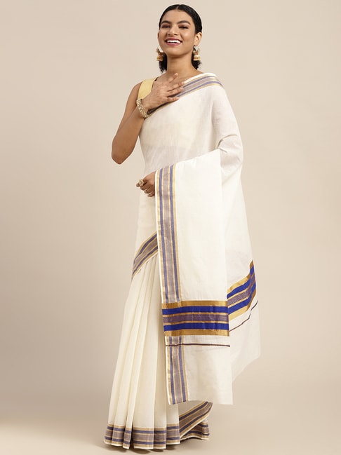 Pavecha's White Cotton Saree With Unstitched Blouse Price in India