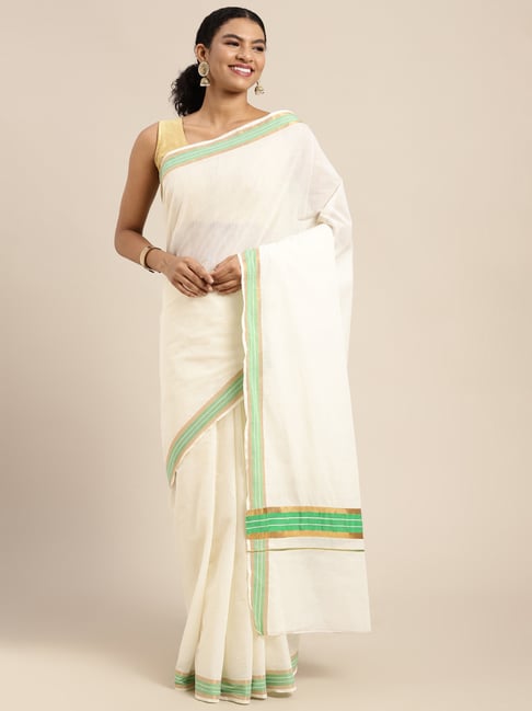 Pavecha's White Cotton Saree With Unstitched Blouse Price in India