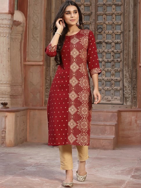 Juniper Maroon Printed Straight Kurta